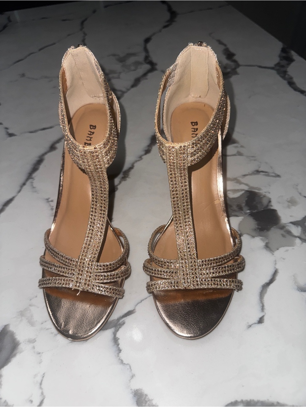 Bamboo Rose Gold Shiny Rhinestone  T-Strap Open Toe Ankle Strap Zip 3in  Heels